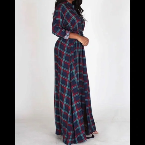 Plaid Maxi Dress, loose fit, with belt/pockets - Picture 3 of 5